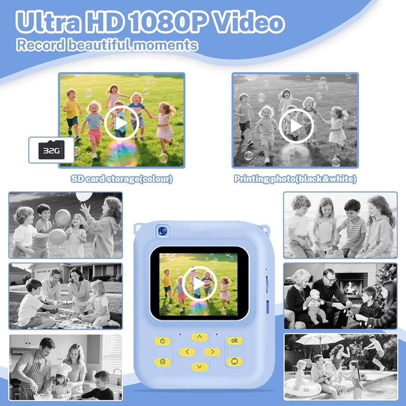 QDH Instant Print Camera for Kids, 1080P Video Camera with 3 Print Rolls, 32GB Card & Cute Cover, Gift for Girls Boys Age 3-12, Toddler Digital Camera with Games, Filters, Music – Blue - Image 4